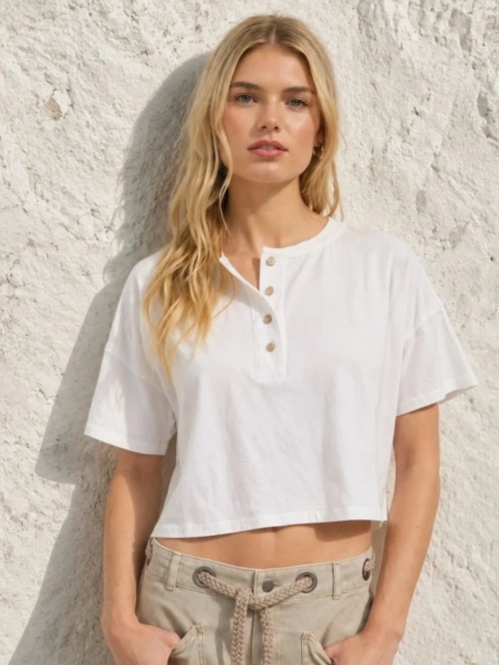 JOA Boxy Short Sleeve Henley Crop Top